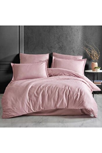 HomePuls Double Bed Linen Damask 100% Cotton Hotel Style, 1 cm Stripe, 4 Pieces, Sheet 220 x 240 cm, Duvet 16