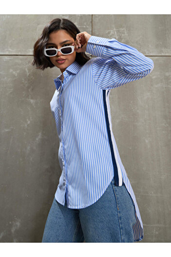 Sassafras By Styli Blue and White Striped Side Tape Shirt