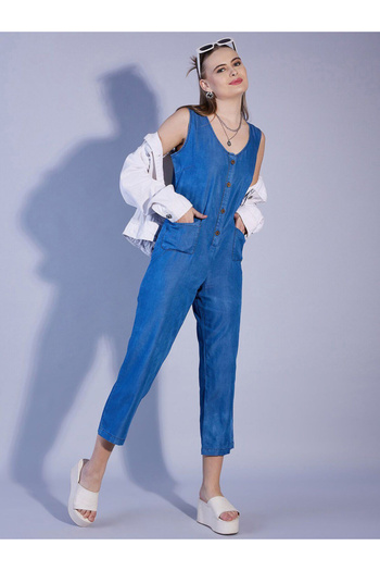 Freehand By Styli Women Blue Denim Slim Fit Jumpsuit with Scoop Neck
