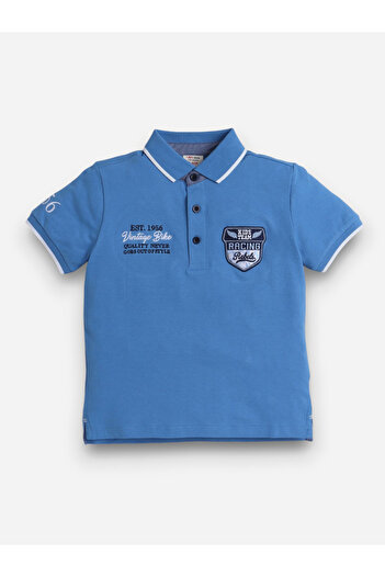 Victor and Jane By Styli Boys Blue Embroidered Detail Short Sleeve Polo T-Shirt