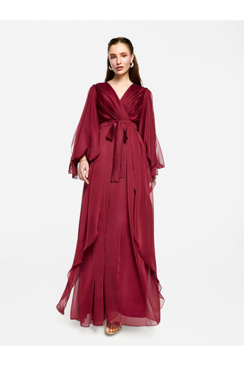 House of Moda By Styli Pleated Balloon Sleeve Waist Tie-Up A-Line Maxi Dress
