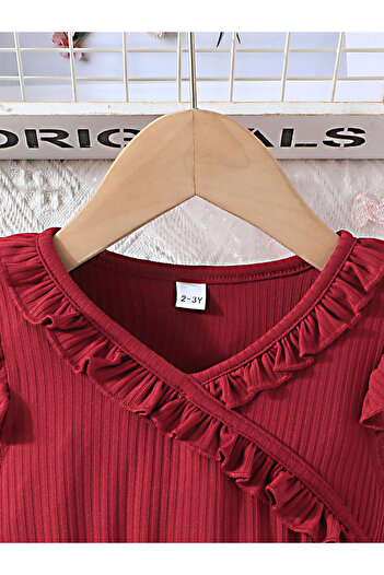 Styli Burgundy Bow Detail Embellished Mesh Dress