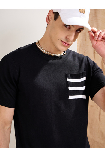 Mascln Sassafras By Styli Black Premium Knit Contrast Pocket T-Shirt