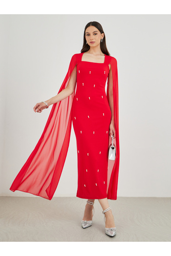 Styli Embellished Square Neck Cape Sleeve Bodycon Maxi Dress