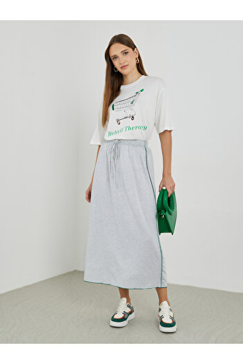 Styli Contrast Side Stitch Midi Skirt with Drawstring