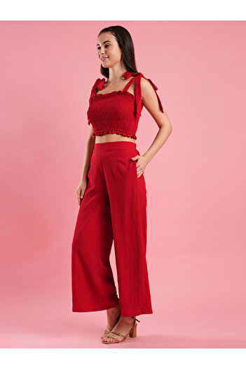 Globus By Styli Smocked Detail Strappy Crop Top and Elasticated Waistband Trousers Co-Ords