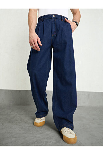 Mascln Sassafras By Styli Men Navy Blue Mid Rise Front Dart Wide Leg Jeans