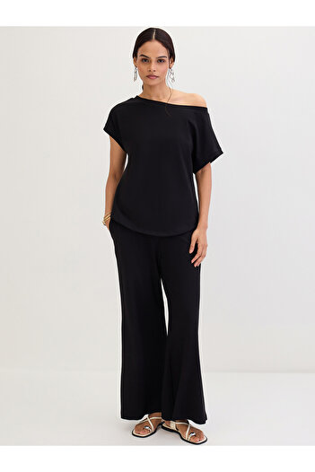 Femmella By Styli Cotton Knit Asymmetric Neck Top and Pants Co-Ords