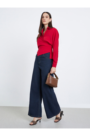 Styli Solid Collared Long Sleeve Wrap Top