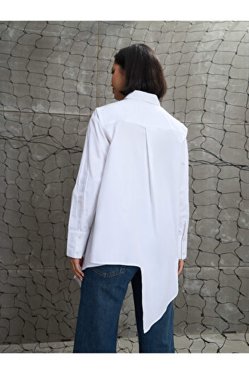 Sassafras By Styli White Poplin Asymmetric Hem Buttoned Shirt