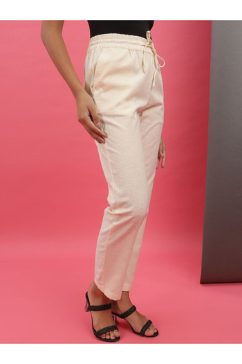 Freehand By Styli Women Cream Regular Fit Pants with Drawstring