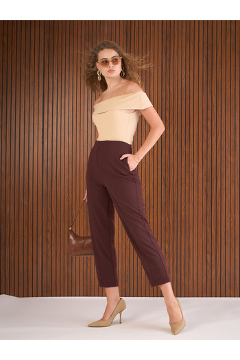 Sassafras By Styli Women Burgundy Front Darted High Rise Pants