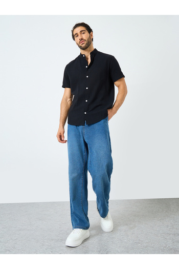 Styli Solid Mandarin Collar Button Front Shirt