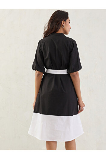 Styli Black Color Block Button Down A-Line Midi Dress with Belt Detail