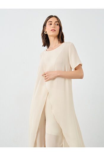 Styli Women Beige Solid Asymmetric Hem Tunic and Pants Co-Ords