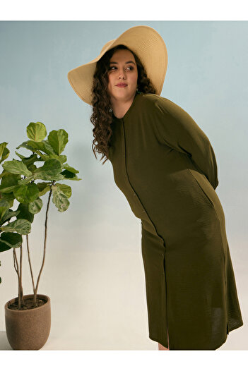 Sassafras By Styli Plus Olive Shift Midi Dress with Front Button