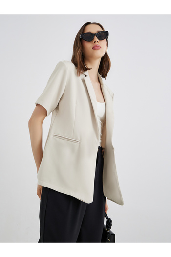 Styli Women Beige Solid Short Sleeve Button Up Blazer