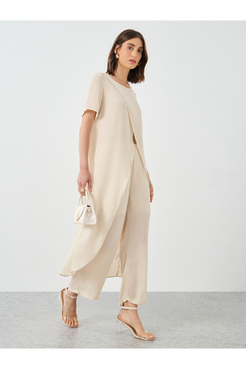 Styli Women Beige Solid Asymmetric Hem Tunic and Pants Co-Ords