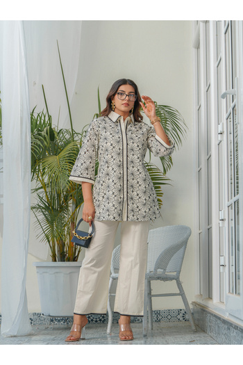 DW By Styli Floral Embroidered Shirt Collar Pure Cotton Tunic and Trousers Co-Ords
