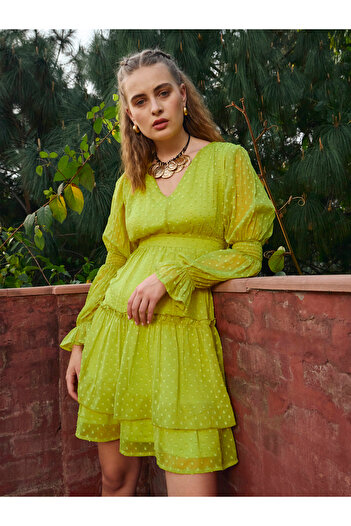 Sassafras By Styli Green Dobby V Neck A-Line Mini Dress