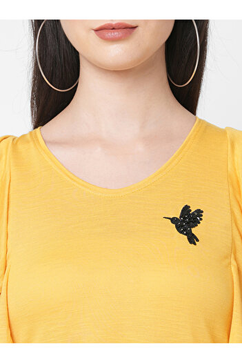 Mish By Styli Women Yellow Embellished Bird Detail Ruffled Sleeves T-Shirt