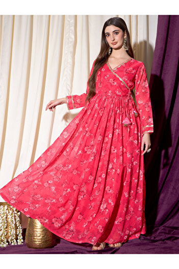INDO STREET By Styli Red Floral Print Lace and Tie Up Ethnic Maxi Dress