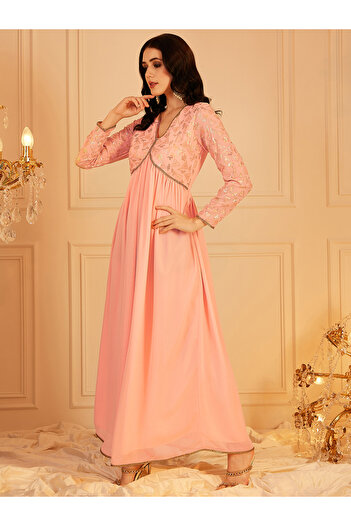 INDO STREET By Styli Peach Embellished Sequined Empire Ethnic Maxi Dress