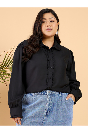 CURVY STREET By Styli Plus Size Black Ruffle Front Long Sleeve Shirt