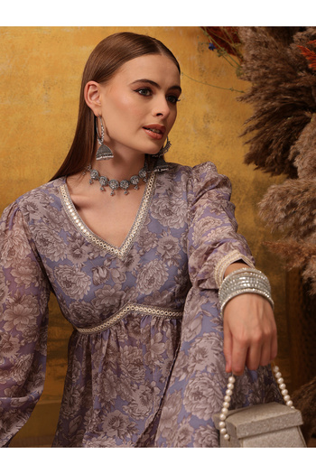 INDO STREET By Styli Purple Floral Print Angrakha Mirror Work Kurti and Palazzos Set