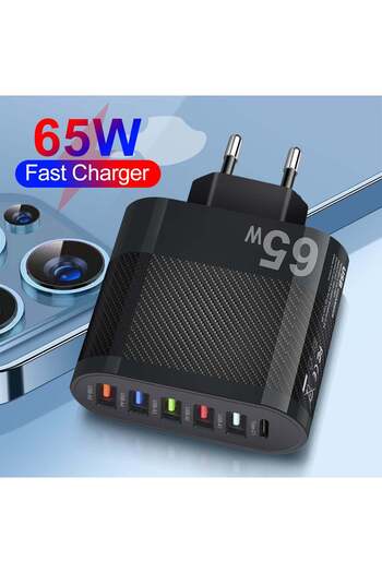 Timebox Network Charger, 6 Ports, 65W Fast Charge, 1 x Type-C, 5 x USB, Black