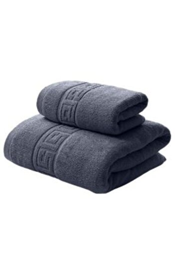 Ralex Set 2 bath towels body 70 x 140 cm and face 50 x 90 cm, 100% cotton Greek Border 500 gsm, Dark Gray