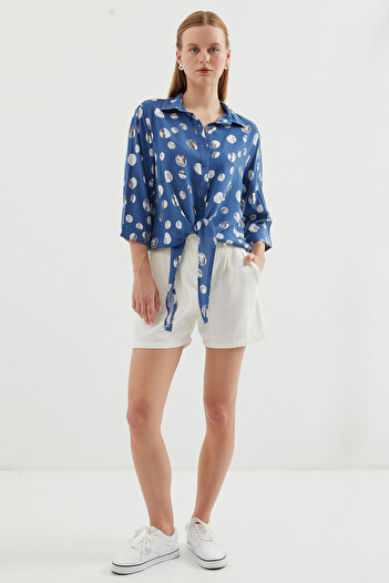 Merterium Women's Front Lace Patterned Shirt Indigo 1083