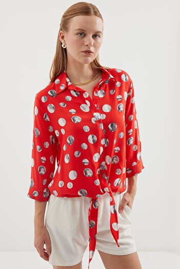 Merterium Women's Front Lace Patterned Shirt Red 1083