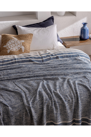Madame Coco Castillones Double Cotton Bedspread - Navy Blue/Ecru