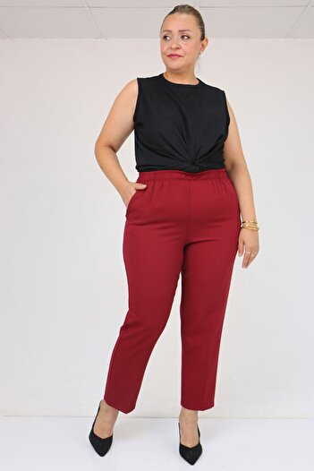 Eslina 59018 Plus Size Pipe Leg Double Fabric Trousers - Claret Red