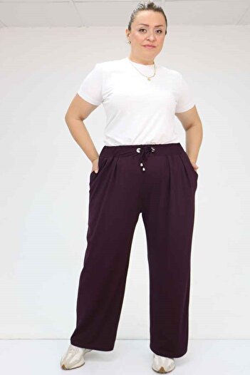 Eslina 59002 Plus Size Pleated Detail Combed Cotton Trousers - Purple