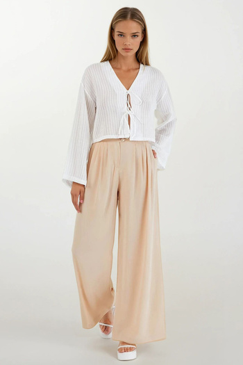 VAGGON Women's Stone Button Closure Pleated Palazzo Pants Vs00422