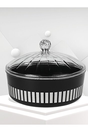 TSUMAB Elegant Round Plastic Serving Bowl with Lid – Black & Silver