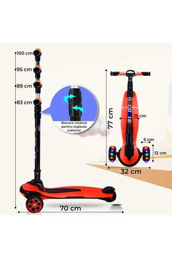 Elindor Folding children's scooter with 3 LED wheels, 5-14 years, adjustable height 80-120 cm, red