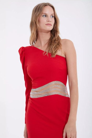 Fervente Feli elegant red mini occasion dress with one sleeve - L(40)
