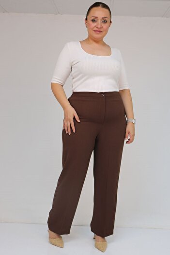 Eslina 59016 Plus Size Crepe Trousers with Button Waist - Brown