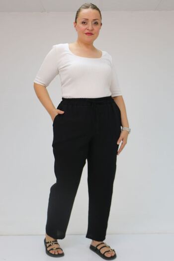 Eslina 59020 Large Size Muslin Narrow Leg Trousers with Elastic Waist - Black