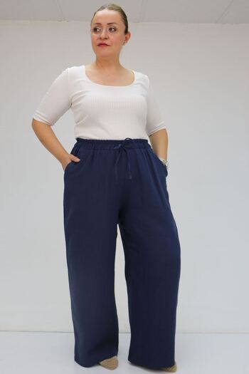 Eslina 59021 Large Size Muslin Wide Leg Trousers with Elastic Waist - Navy Blue