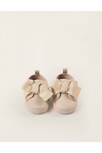 Ziddy Shoes with Touch Fastener and Bow for Newborn Girls, Beige