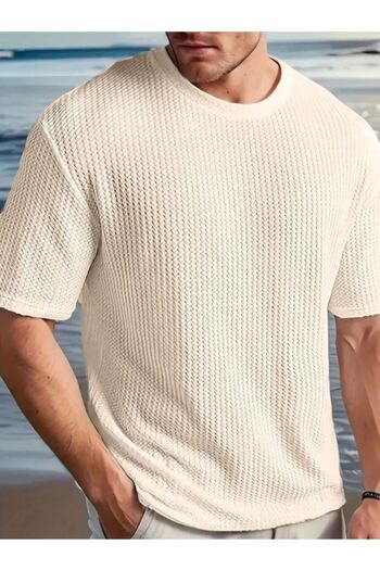 herkesemoda Ανδρικό μπλουζάκι Robert Waffle Fabric Crew με κοντό μανίκι μπεζ