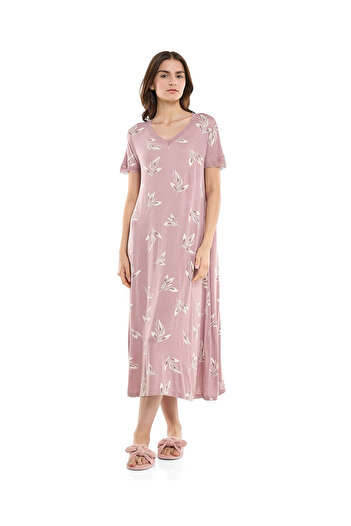 R&B Patterned Nightdress with V-Neck and Short Sleeves