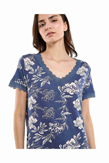 R&B Patterned Nightdress with V-Neck and Short Sleeves
