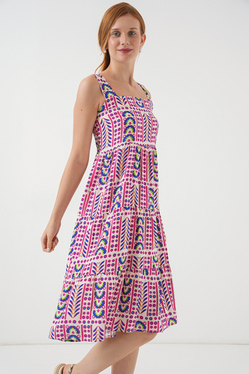 Bigdart Women's Patterned Strap Midi Dress 2577 - Fuchsia