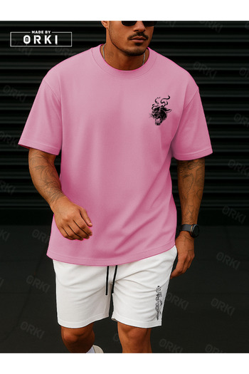 EFFRENATU Orki Tigerblade – Tiger & Sword Printed Oversize Men's Pink T-Shirt and White Shorts Set