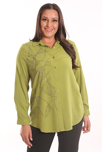 Metpoint Trend42Plus Large Size Stone Print Detailed Woven Pistachio Green Shirt